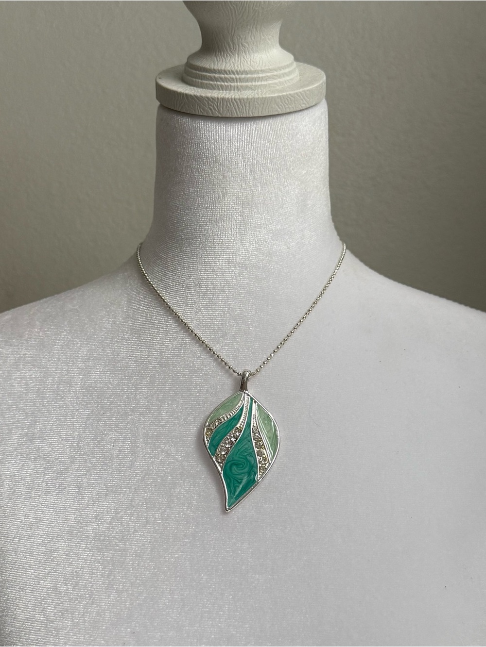 Silver Leaf Pendant Necklace with Green Enamel and Crystals